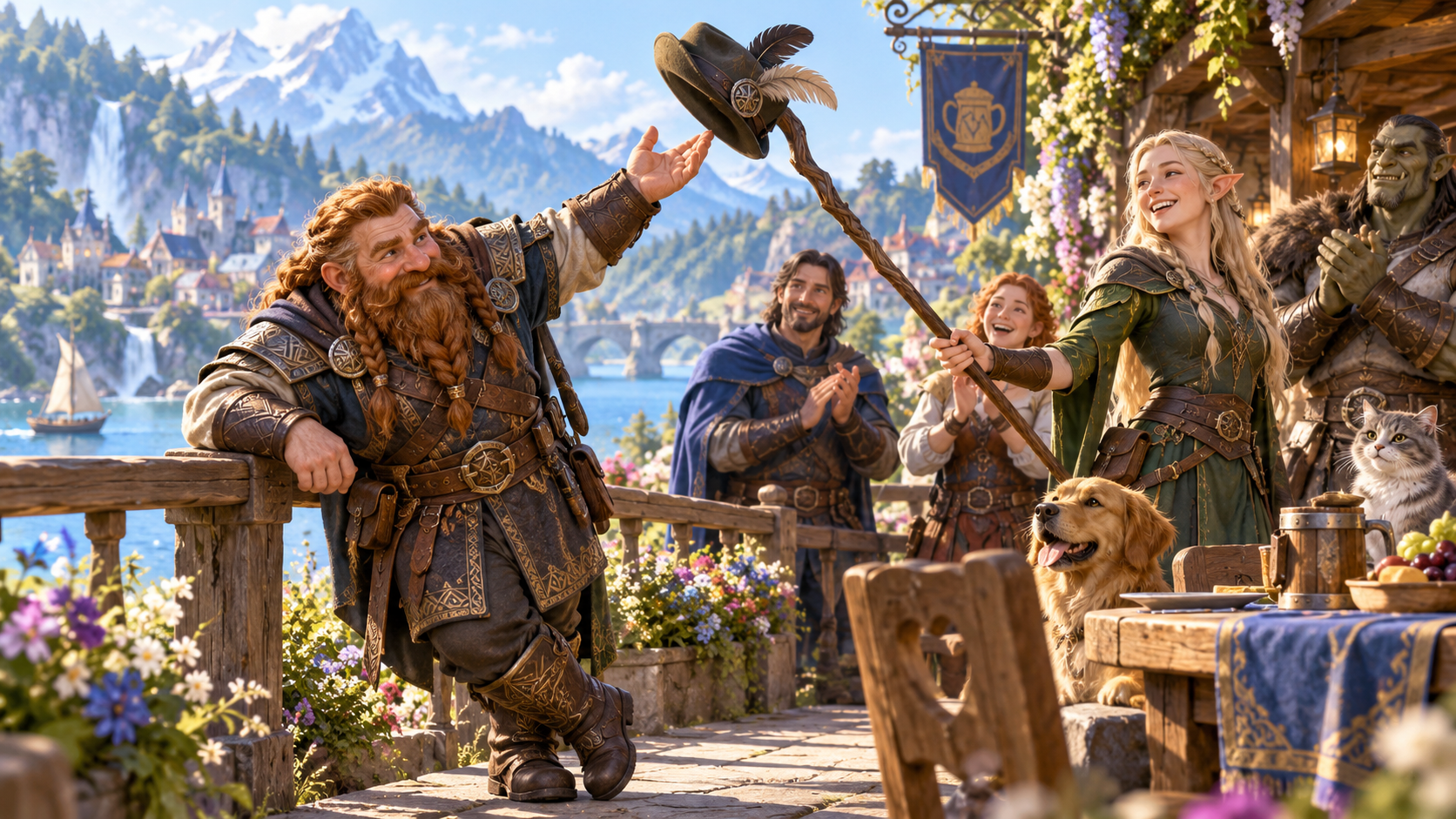 Illustration of a lakeside dwarf with his feathered hat caught on an elf staff beside companions a dog and cat