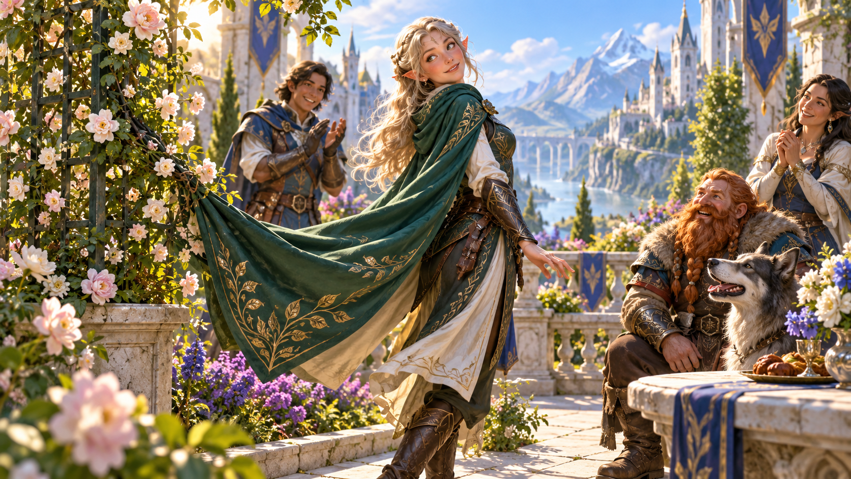 Illustration of an elf sweeping a green cloak on a rose terrace as companions and a dog watch