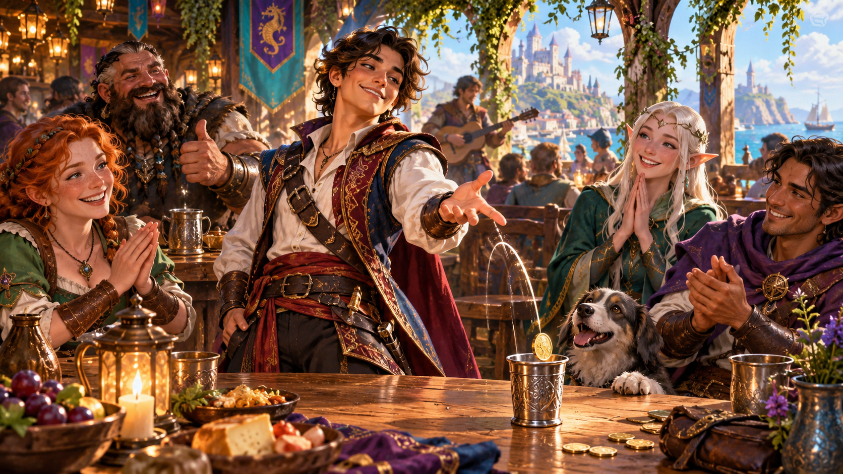 Illustration of a smiling tavern performer doing a coin trick toward a cup while friends and a dog watch