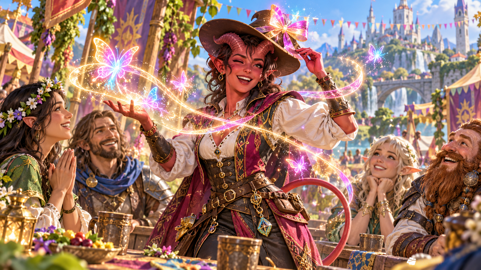Illustration of a horned festival performer making bright magical butterflies beside smiling companions